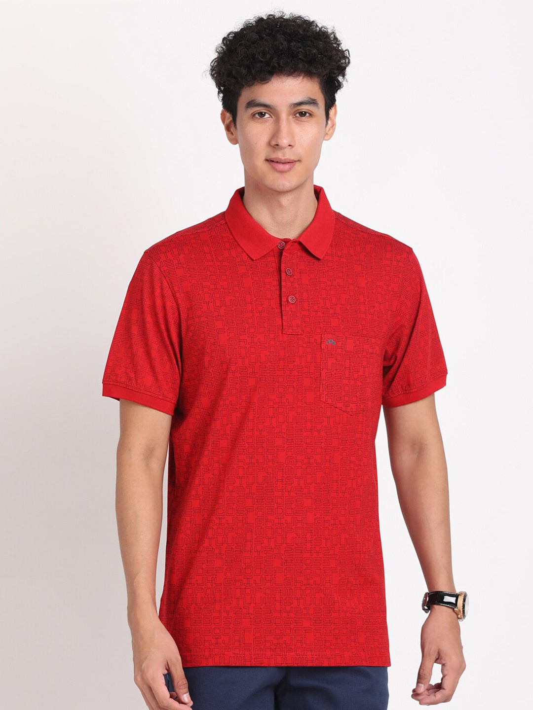 

Turtle Geometric Printed Polo Collar Slim Fit T-shirt, Red