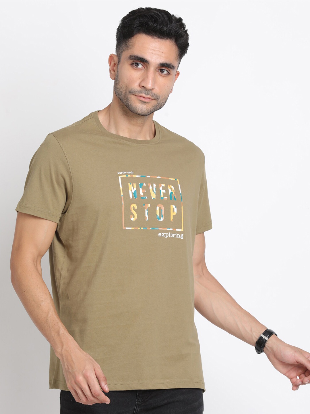 

Turtle Typography Printed Slim Fit Cotton T-shirt, Olive