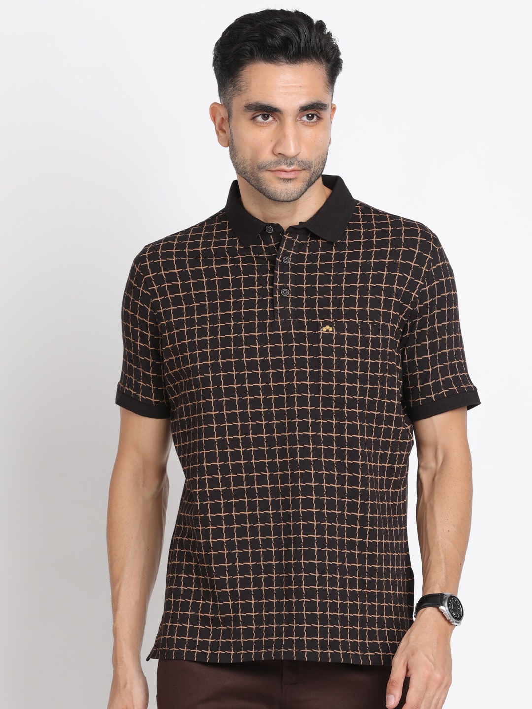 

Turtle Abstract Printed Polo Collar Cotton Slim Fit T-Shirt, Black