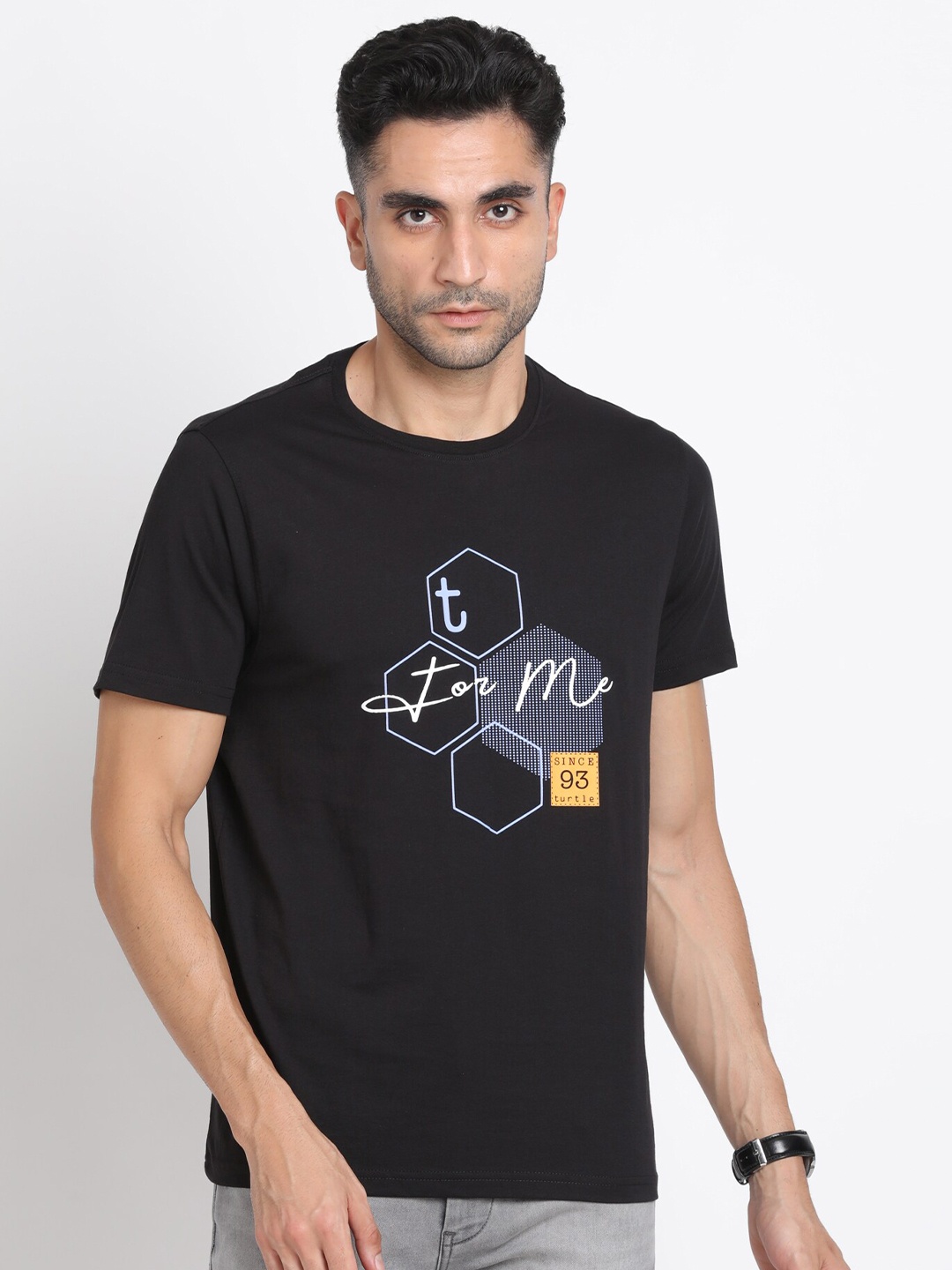 

Turtle Typography Printed Cotton Slim Fit T-Shirt, Black