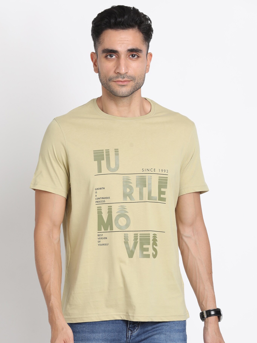 

Turtle Typography Printed Cotton Slim Fit T-Shirt, Khaki