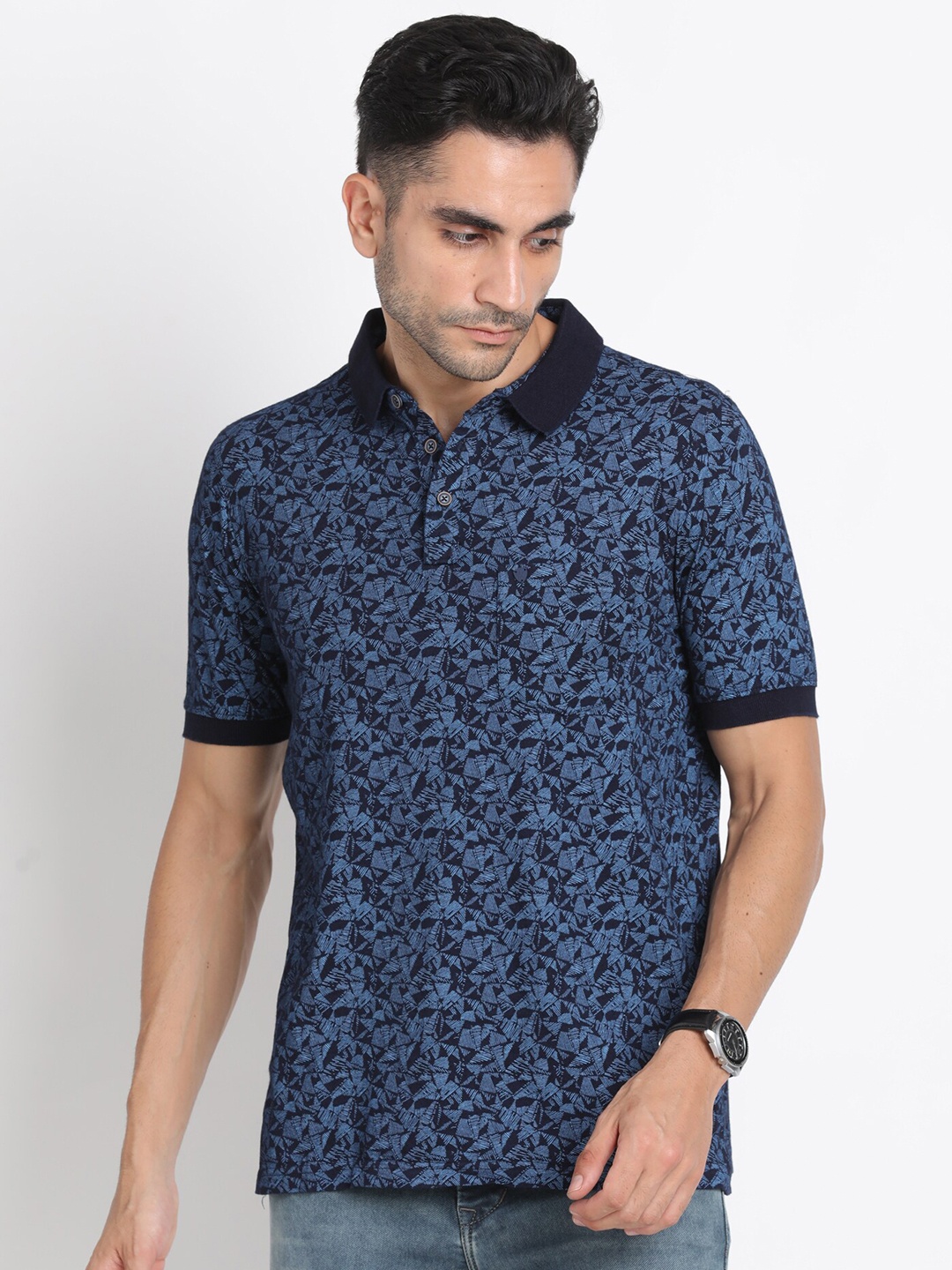 

Turtle Geometric Printed Polo Collar Pure Cotton Slim Fit T-Shirt, Navy blue