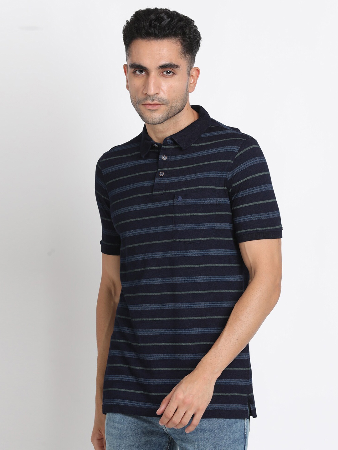 

Turtle Striped Polo Collar Pure Cotton Slim Fit T-Shirt, Navy blue