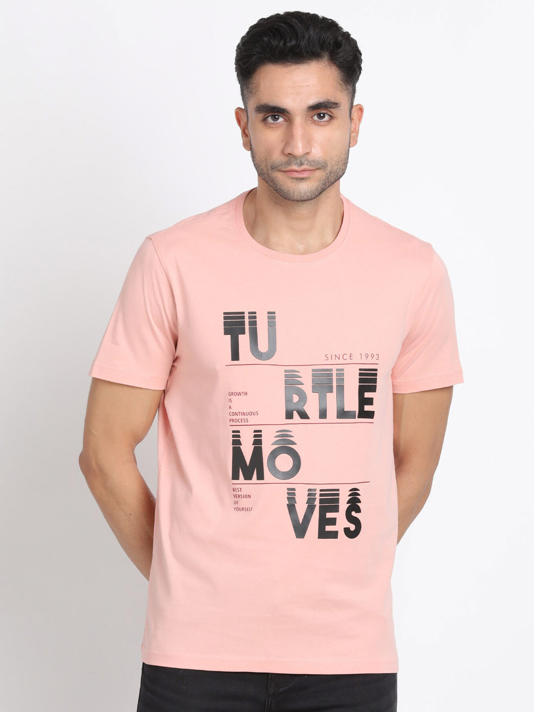 

Turtle Typography Printed Cotton Slim Fit T-Shirt, Peach