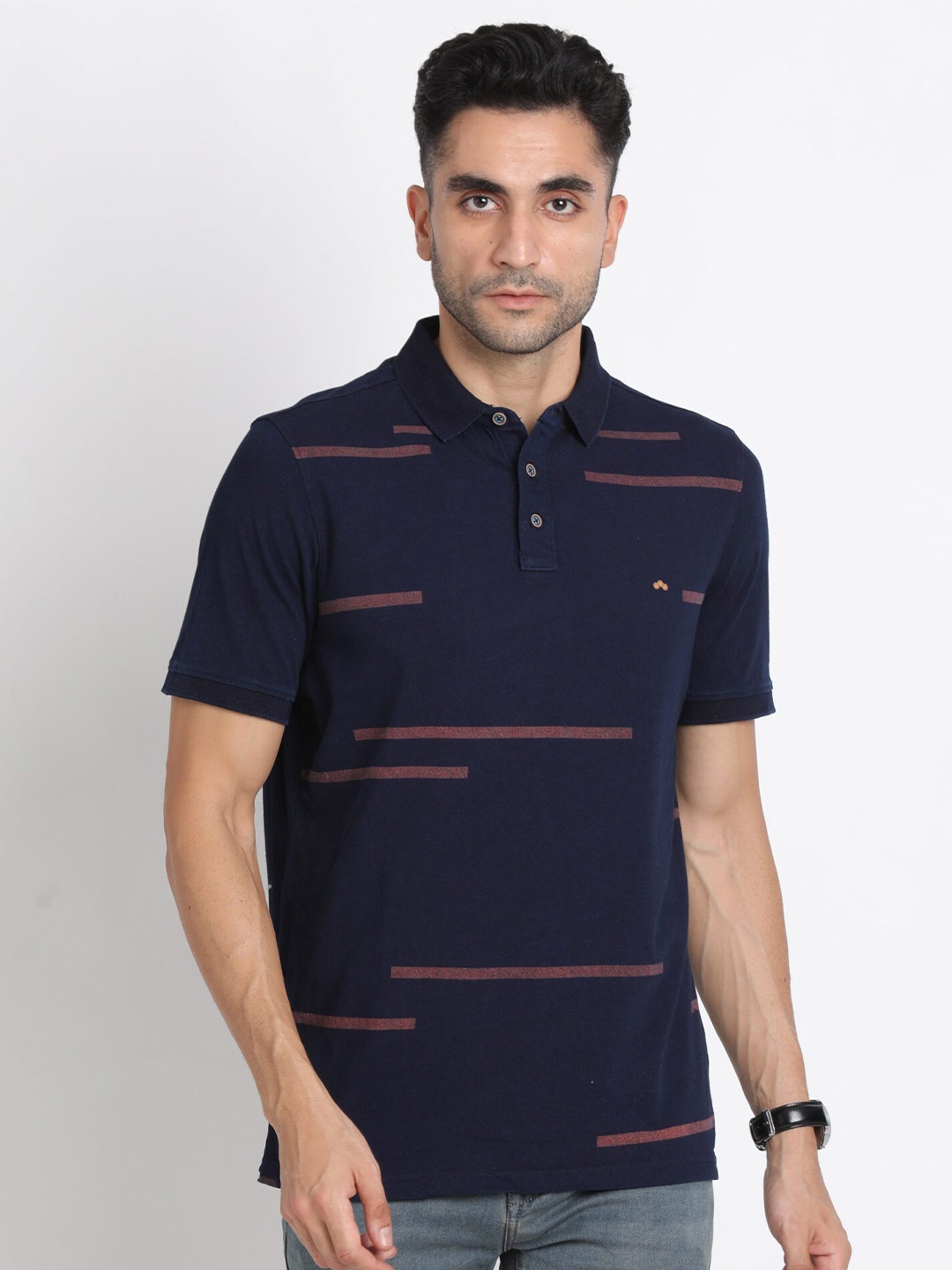 

Turtle Geometric Printed Polo Collar Pure Cotton Slim Fit T-Shirt, Navy blue