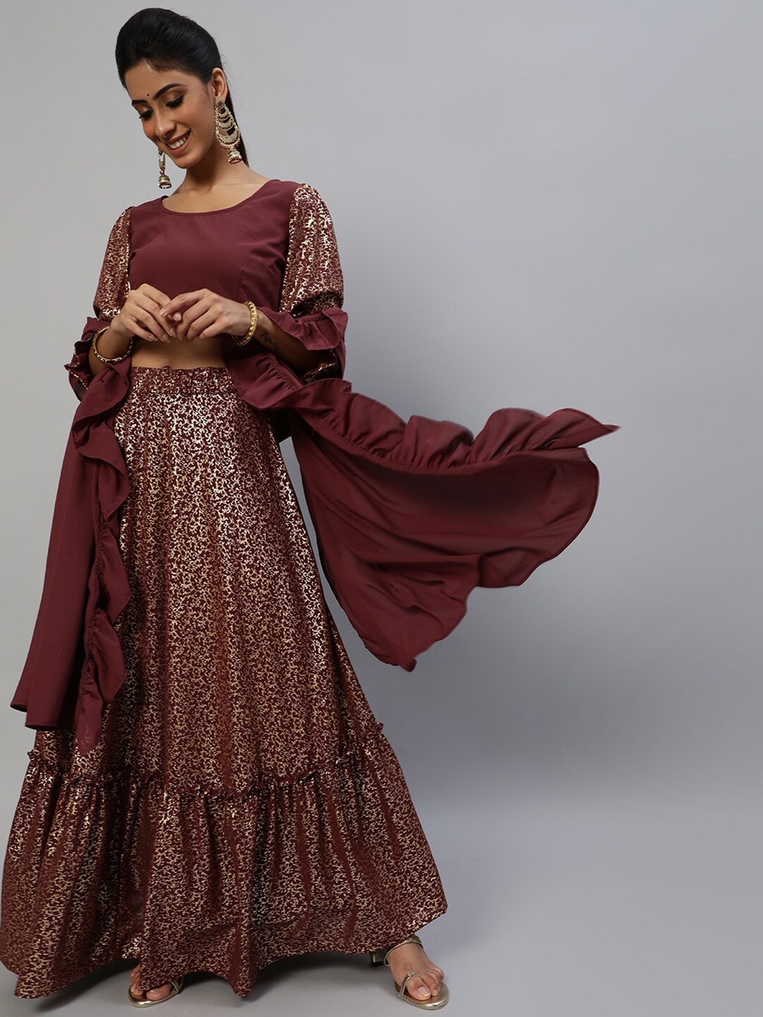 

AKS Couture Burgundy & Gold-Toned Printed Ready to Wear Lehenga & Blouse With Dupatta