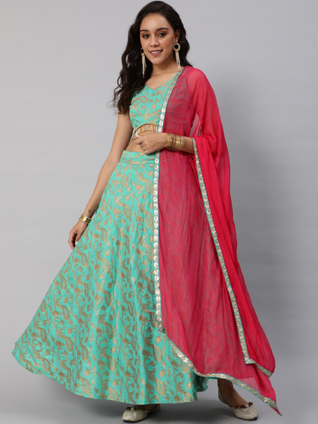 

AKS Couture Green & Pink Ready to Wear Lehenga &