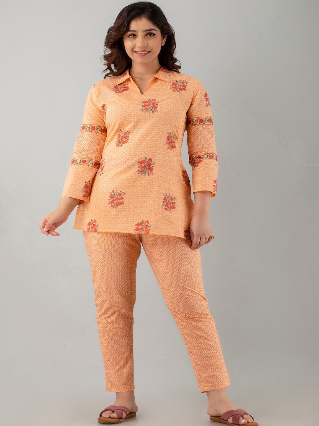 

CKM Women Printed Cotton Shirt Collar Top With Pyjama & Shorts, Peach