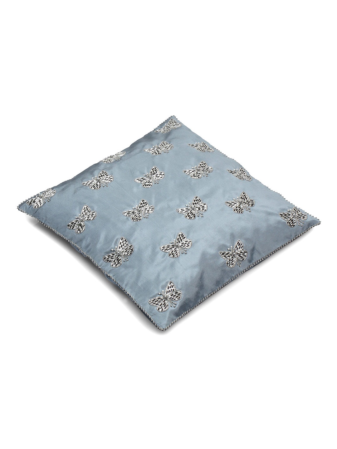 

MODARTA Grey & White Embroidered Silk Square Cushion Cover