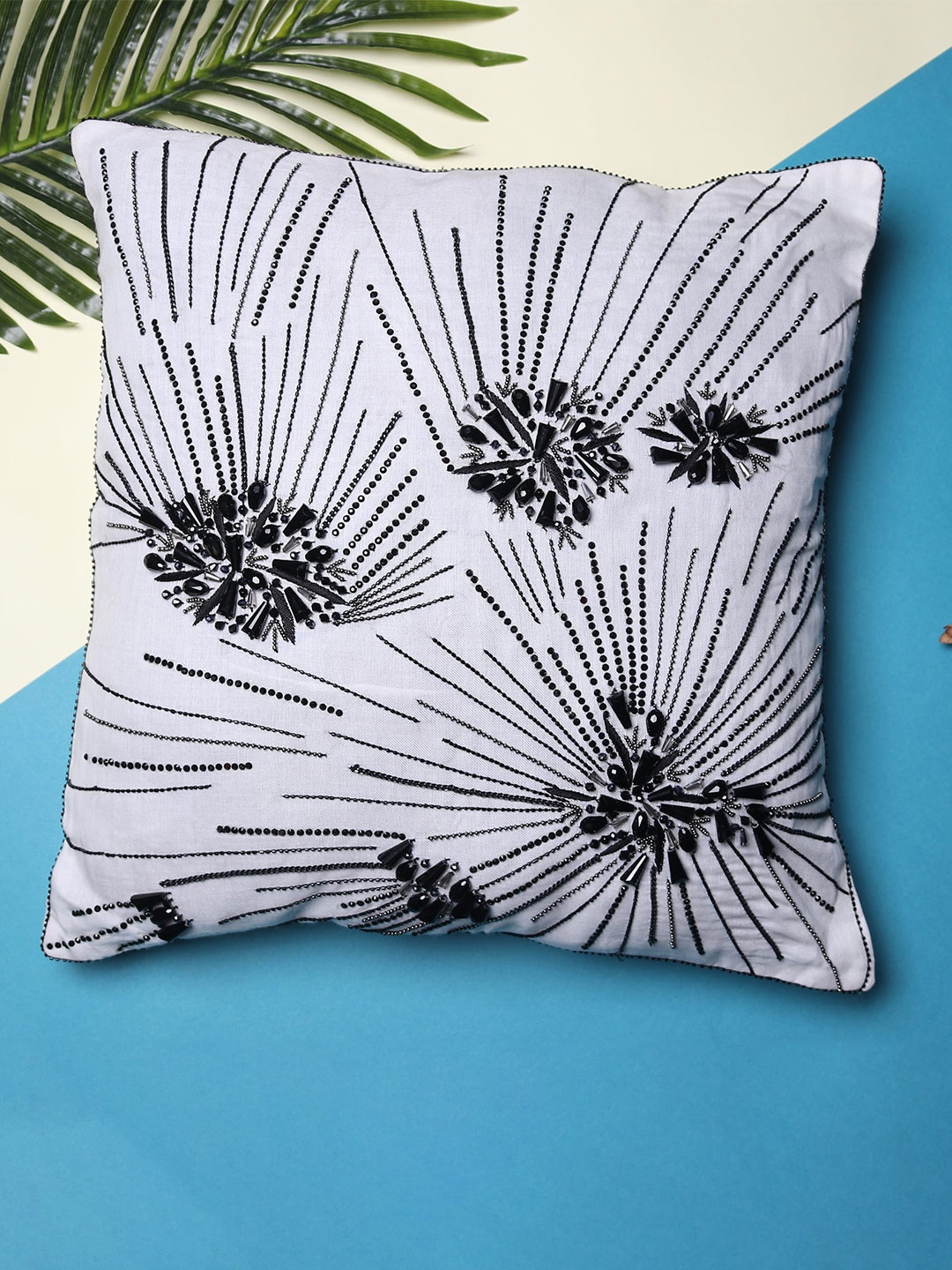 

MODARTA White & Black Embroidered Cotton Square Cushion Cover