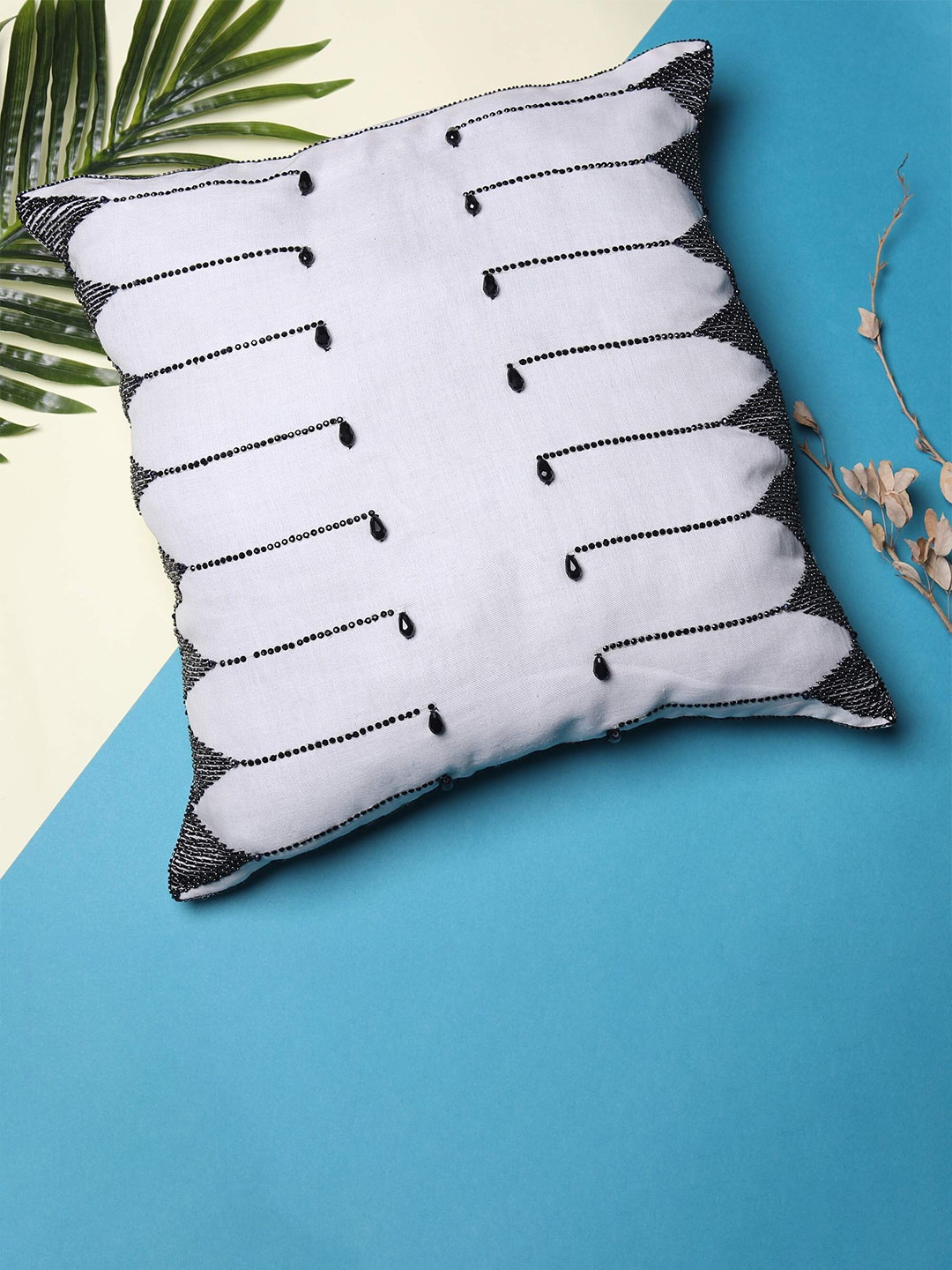 

MODARTA White & Black Embellished Cotton Square Cushion Cover