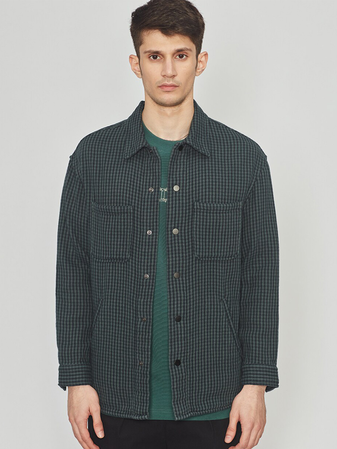 

Bhaane Micro Checks Printed Spread Collar Cotton Casual Shirt, Grey