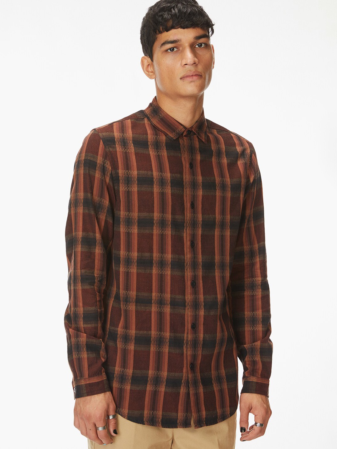 

Bhaane Tartan Checked Spread Collar Cotton Casual Shirt, Brown