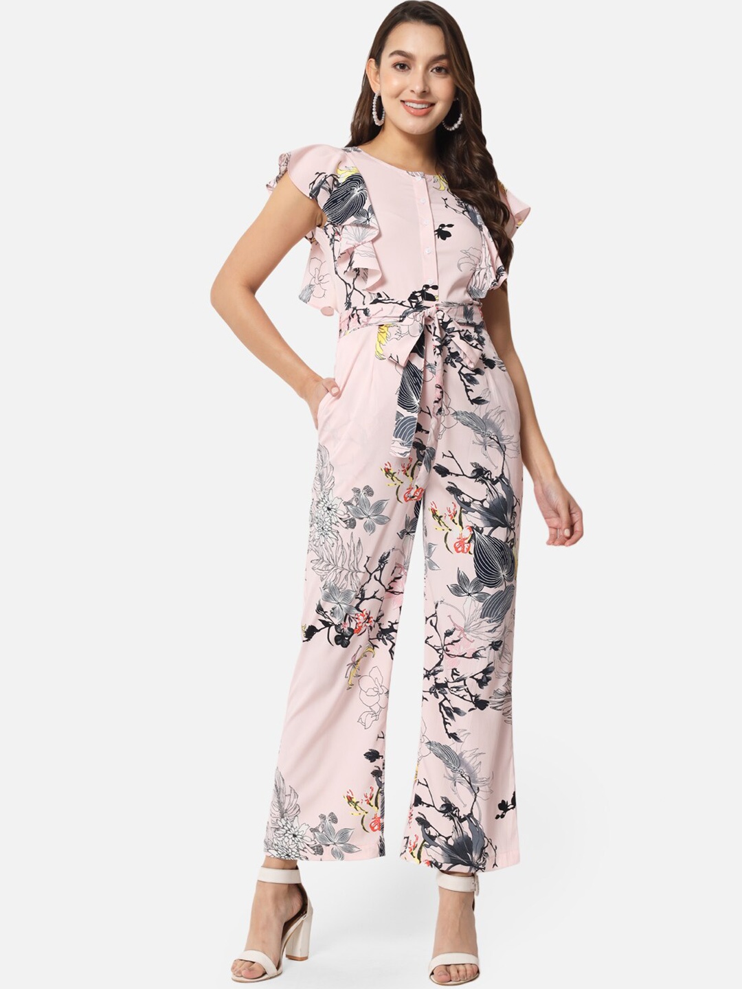 

BAESD Floral Printed Ruffled Waist Tie-Up Basic Jumpsuit, Pink