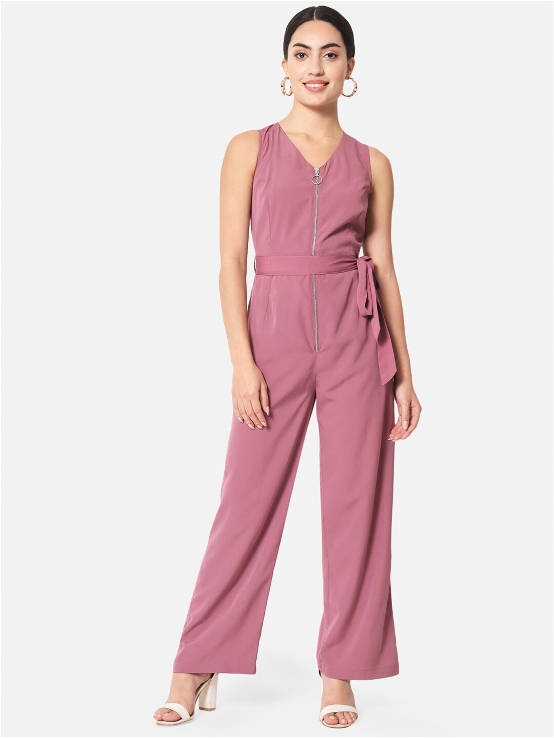 

BAESD Waist Tie-Up V-Neck Basic Jumpsuit, Pink