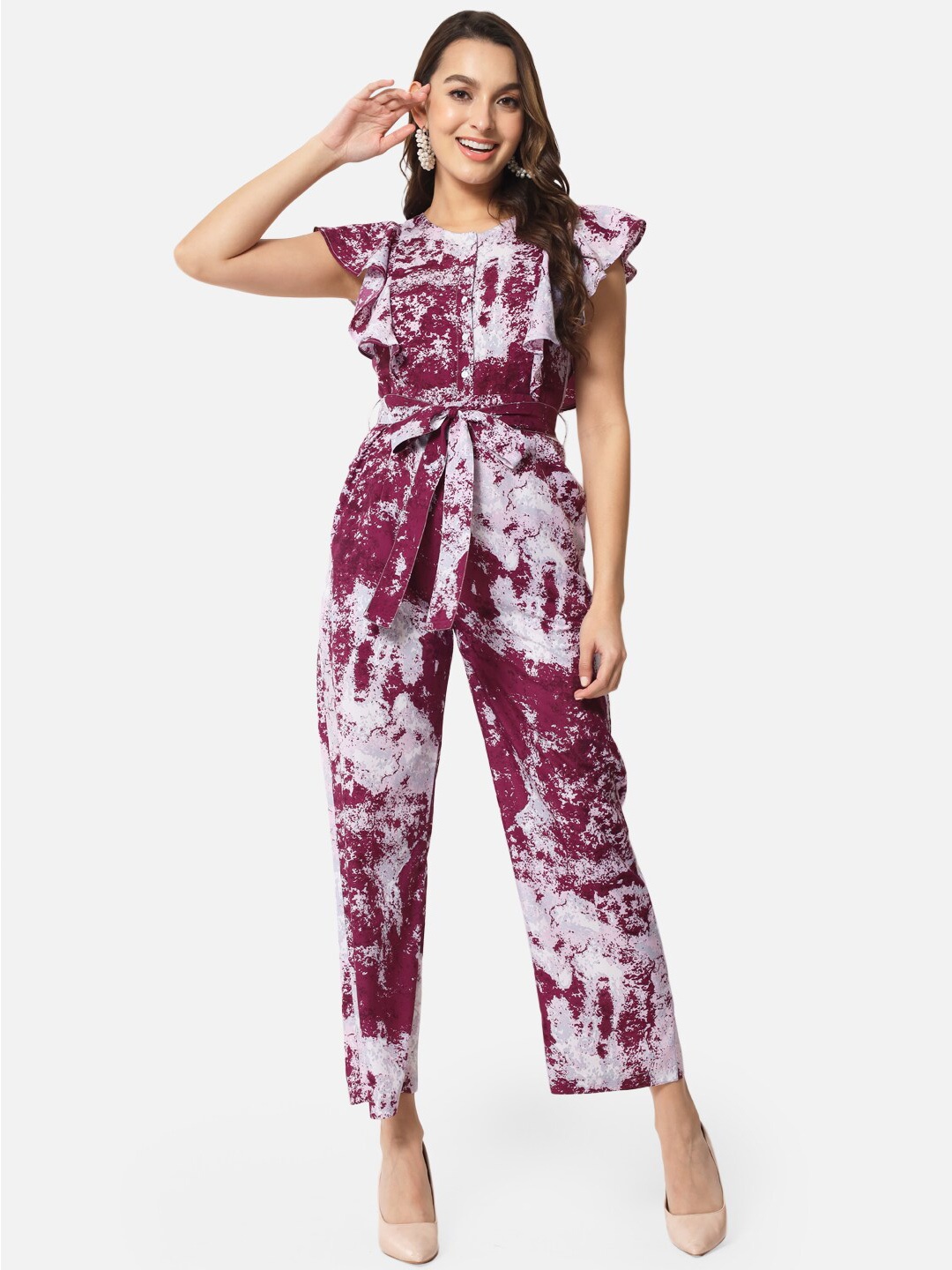 

BAESD Abstract Printed Ruffled Waist Tie-Up Basic Jumpsuit, Purple