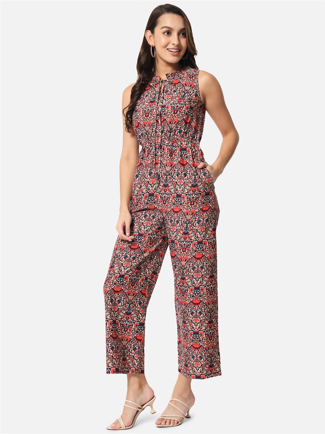 

BAESD Floral Printed Tie-Up Neck Ruffled Basic Jumpsuit, Off white