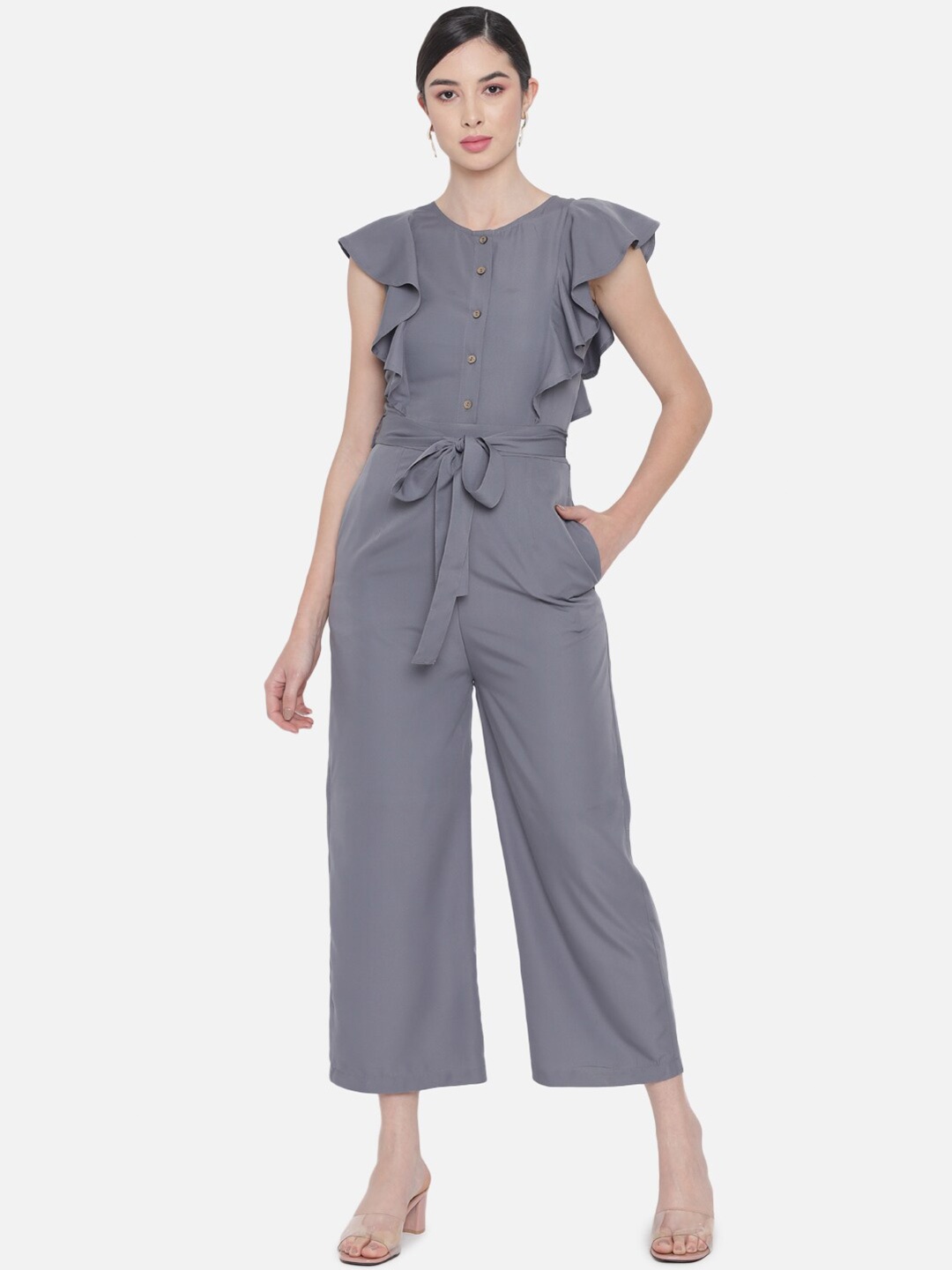 

BAESD Ruffled Waist Tie-Up Basic Jumpsuit, Grey