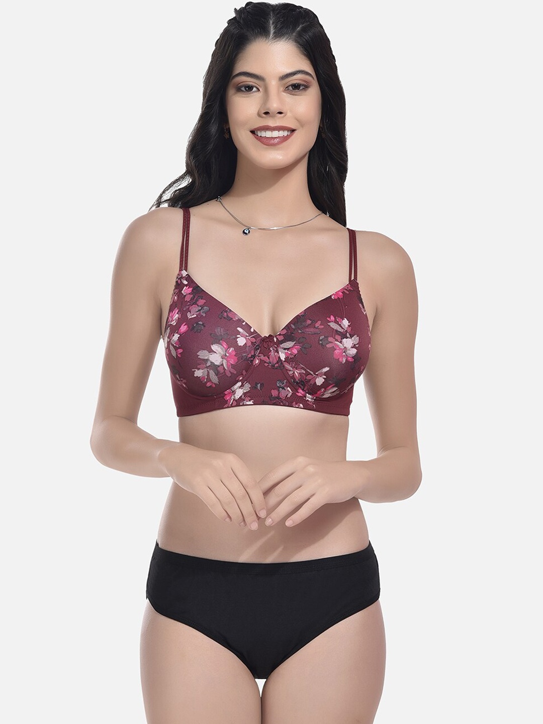 

StyFun Floral Printed Lightly Padded Lingerie Set, Maroon