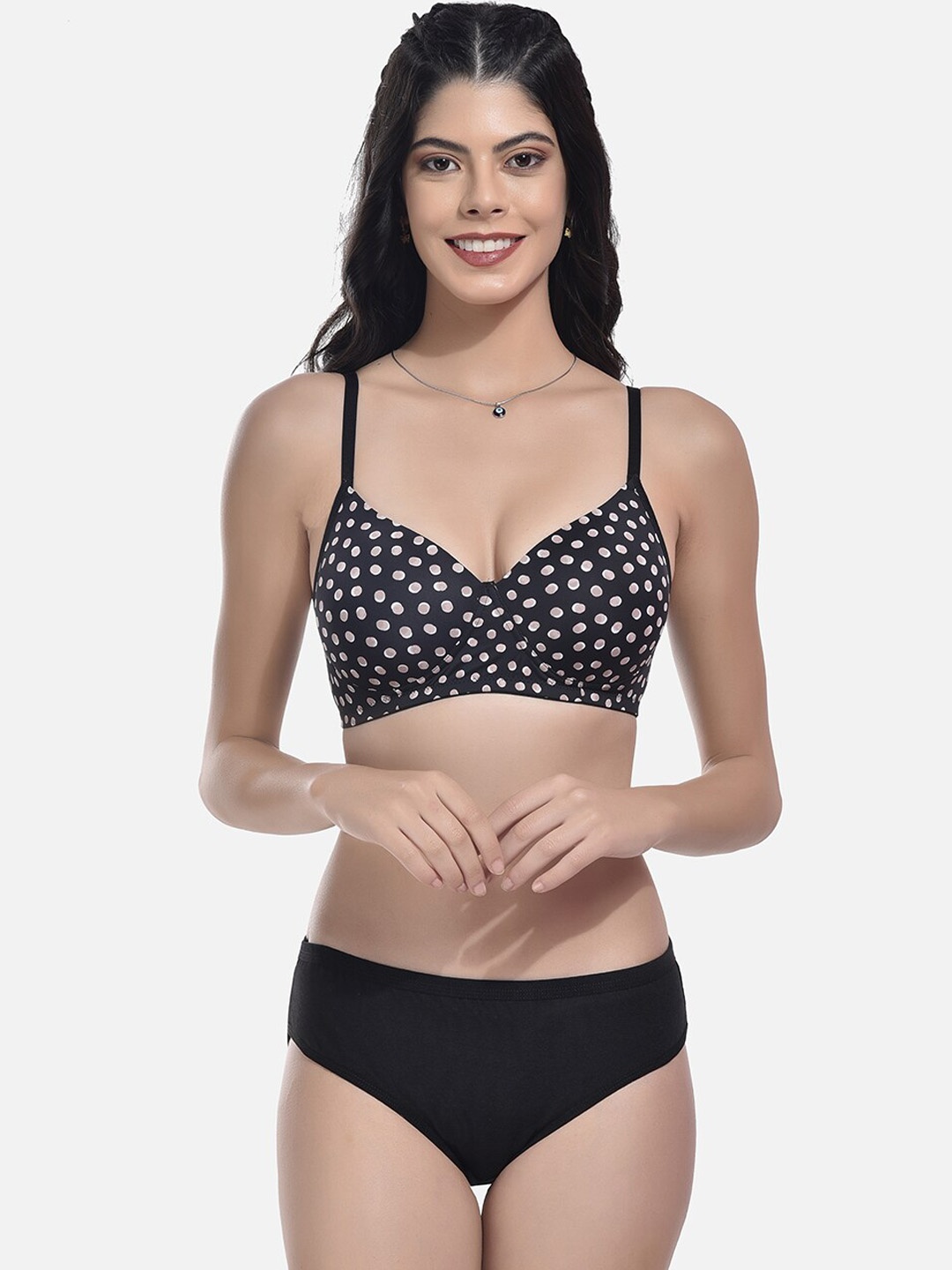 

StyFun Polka Dot Printed Lightly Padded Lingerie Set, Black