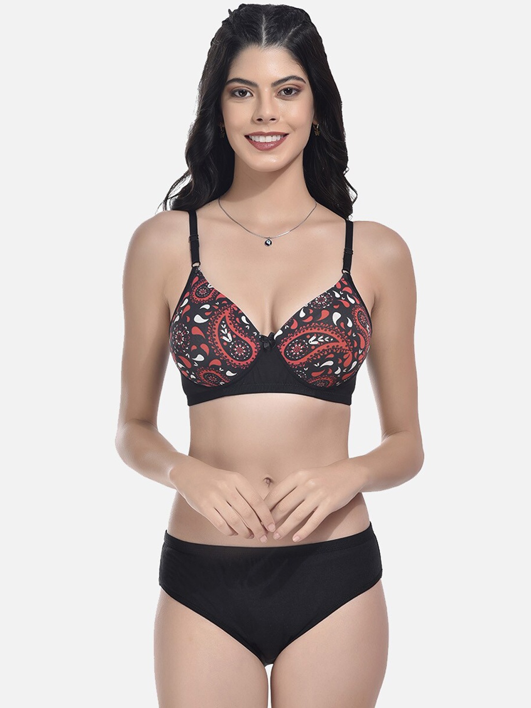 

StyFun Paisley Printed Lightly Padded Lingerie Set, Black