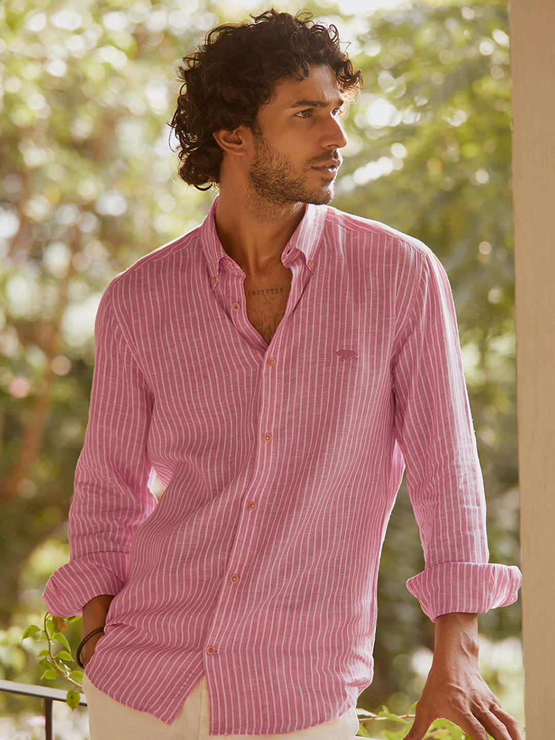 

Andamen Premium Slim Fit Vertical Stripes Linen Casual Shirt, Red