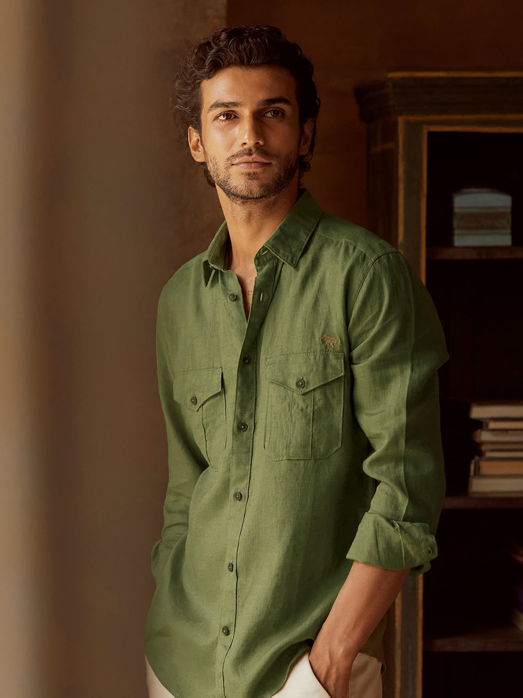 

Andamen Spread Collar Premium Slim Fit Casual Linen Shirt, Green