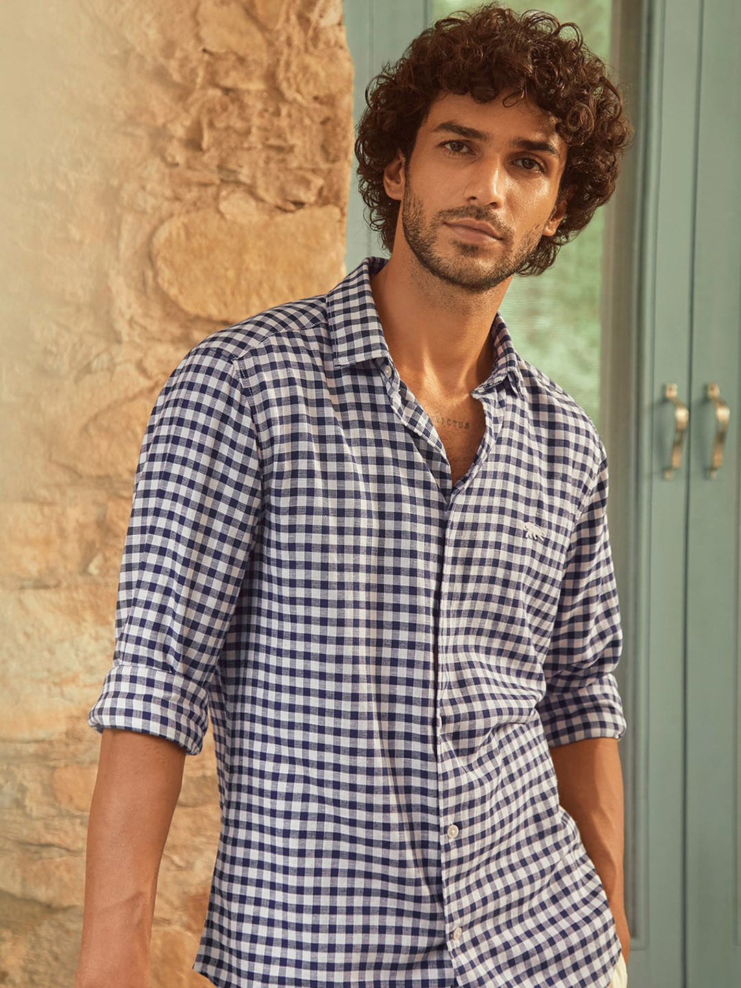 

Andamen Spread Collar Premium Slim Fit Gingham Checked Casual Linen Shirt, Blue