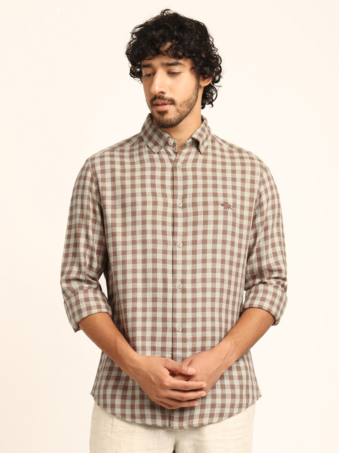 

Andamen Premium Regular Fit Gingham Checked Linen Twill Casual Shirt, Brown