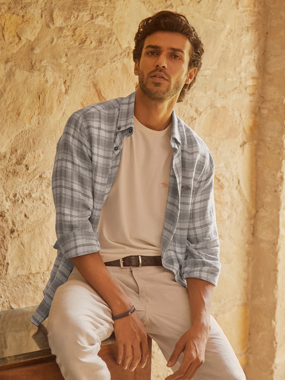 

Andamen Premium Tartan Checks Linen Casual Shirt, Grey
