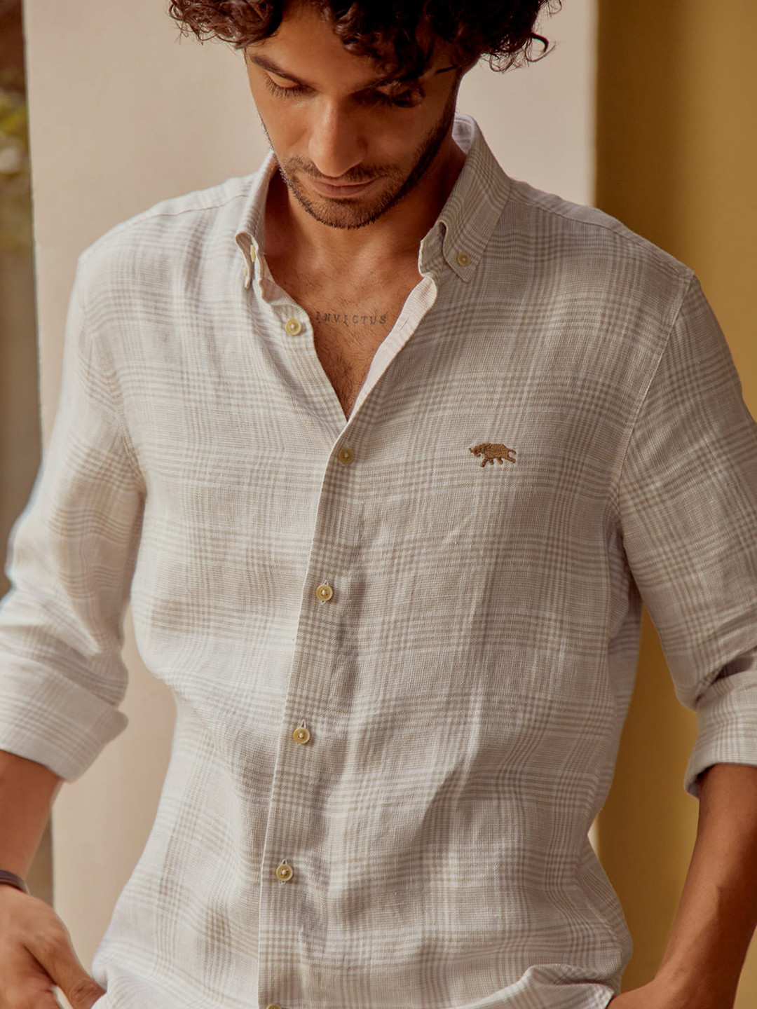 

Andamen Premium Slim Fit Tartan Checks Linen Casual Shirt, Khaki