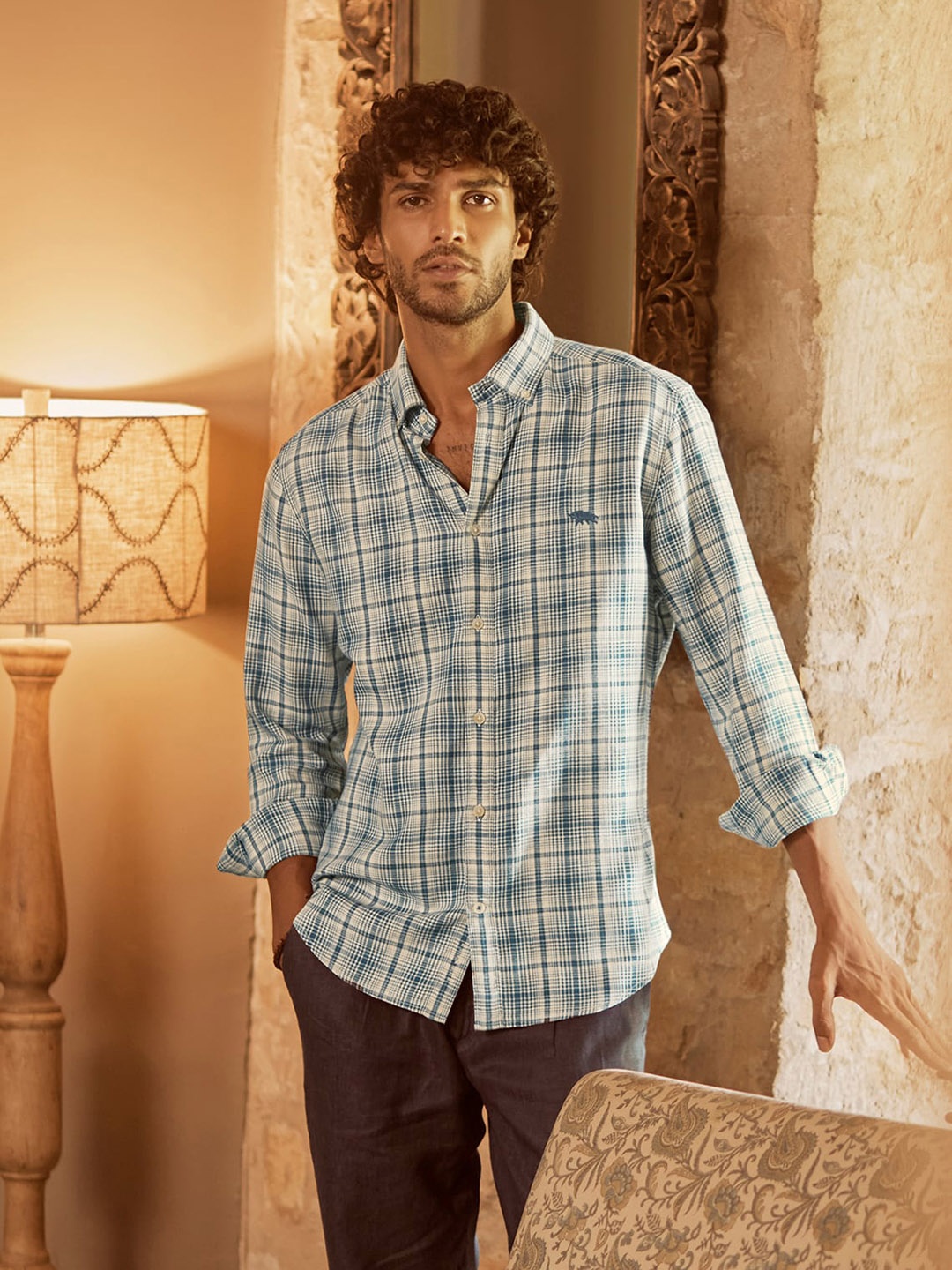 

Andamen Premium Grid Tattersall Checks Linen Casual Shirt, Blue