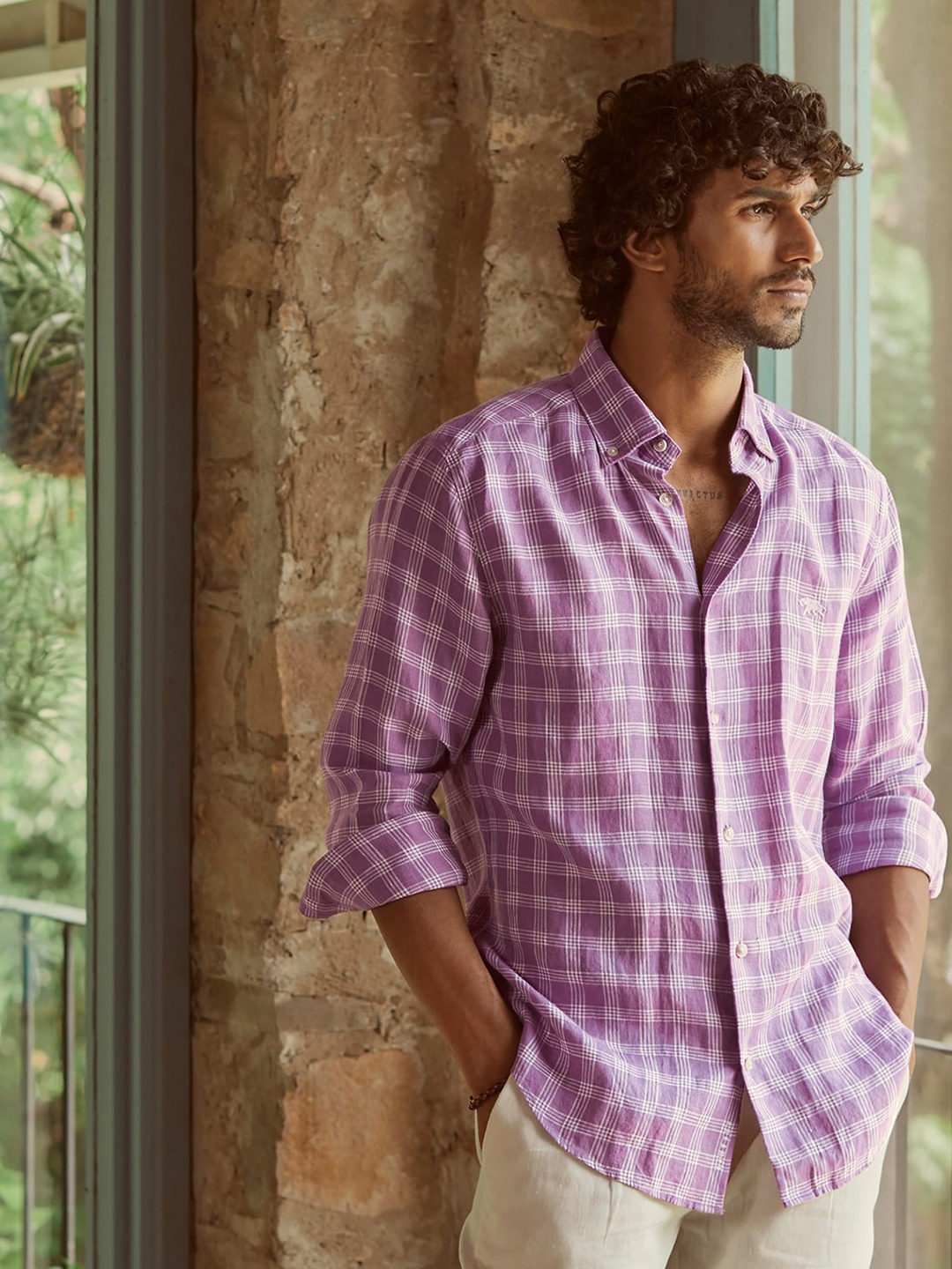 

Andamen Premium Slim Fit Grid Tattersall Checks Linen Casual Shirt, Violet