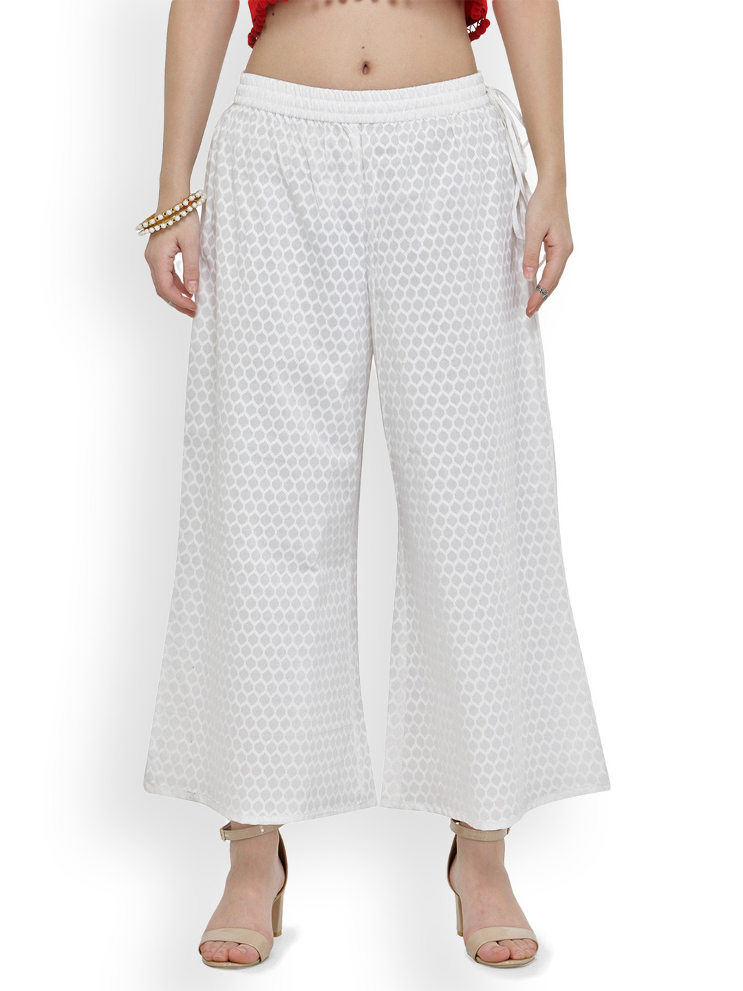 

Varanga Women White Wide Leg Printed Palazzos