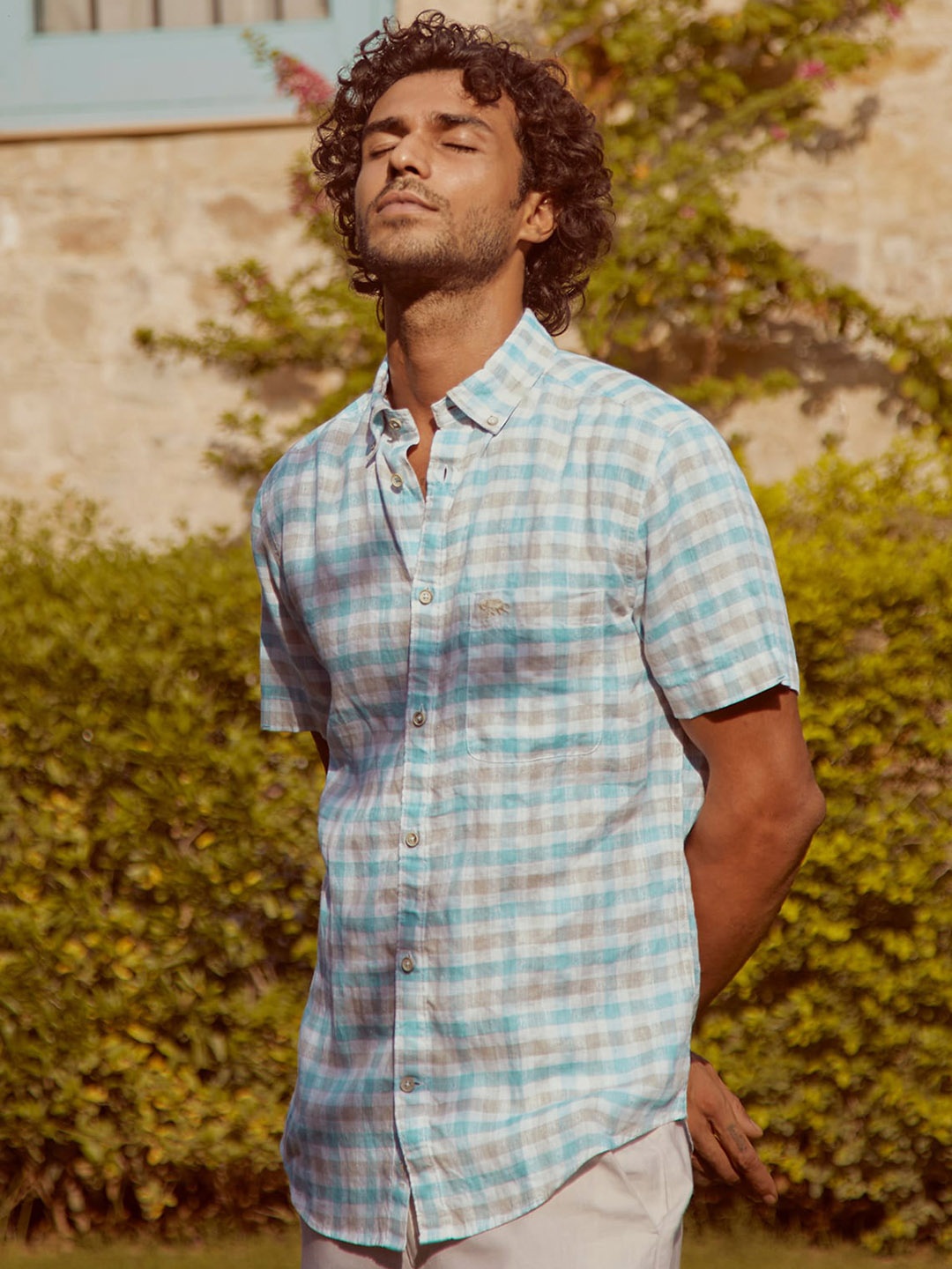 

Andamen Button-Down Collar Premium Slim Fit Checked Casual Linen Shirt, Blue