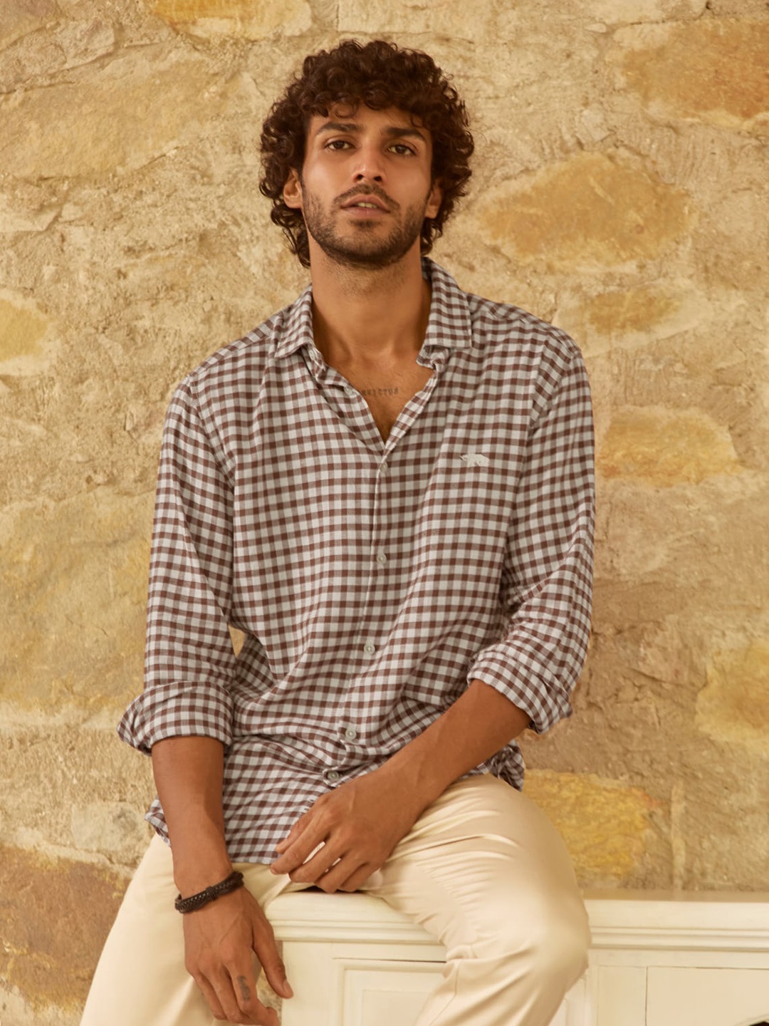 

Andamen Premium Gingham Checked Linen Casual Shirt, Brown