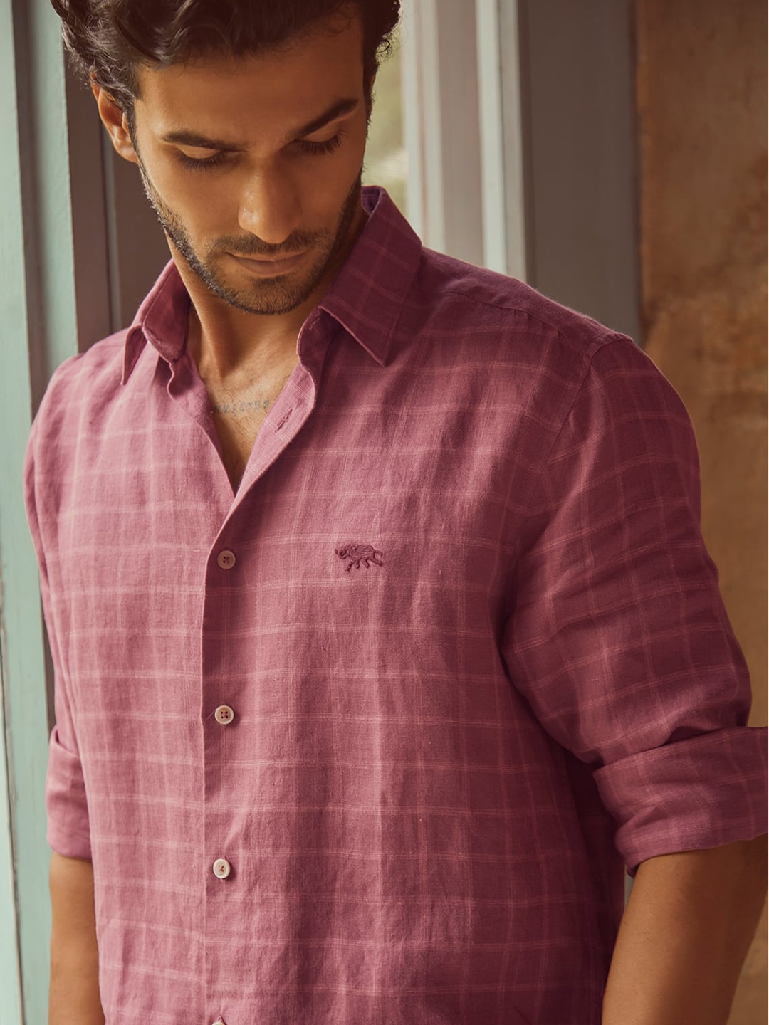 

Andamen Premium Slim Fit Tartan Checked Linen Casual Shirt, Pink