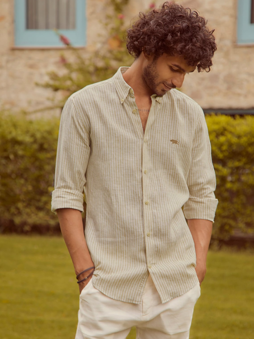 

Andamen Premium Vertical Striped Linen Semiformal Shirt, Khaki