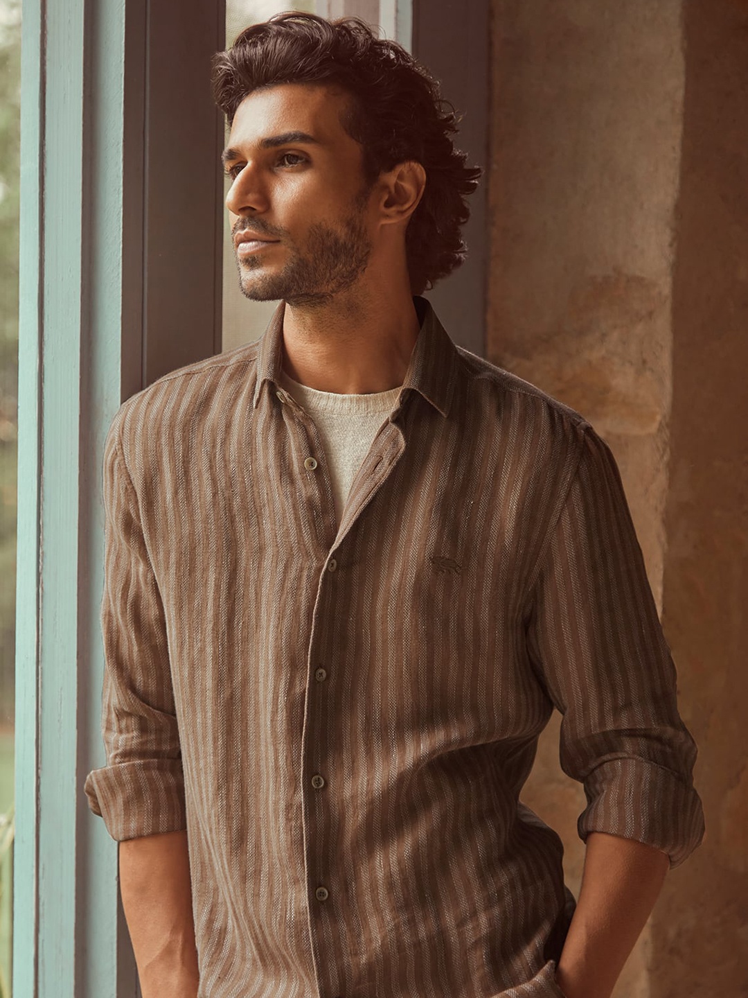 

Andamen Spread Collar Premium Striped Casual Linen Shirt, Brown
