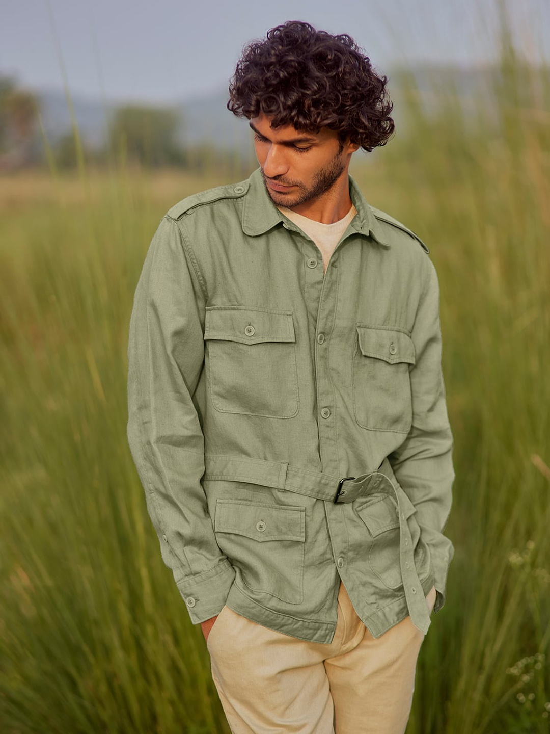 

Andamen Premium Regular Fit Spread Collar Linen Casual Shacket, Green