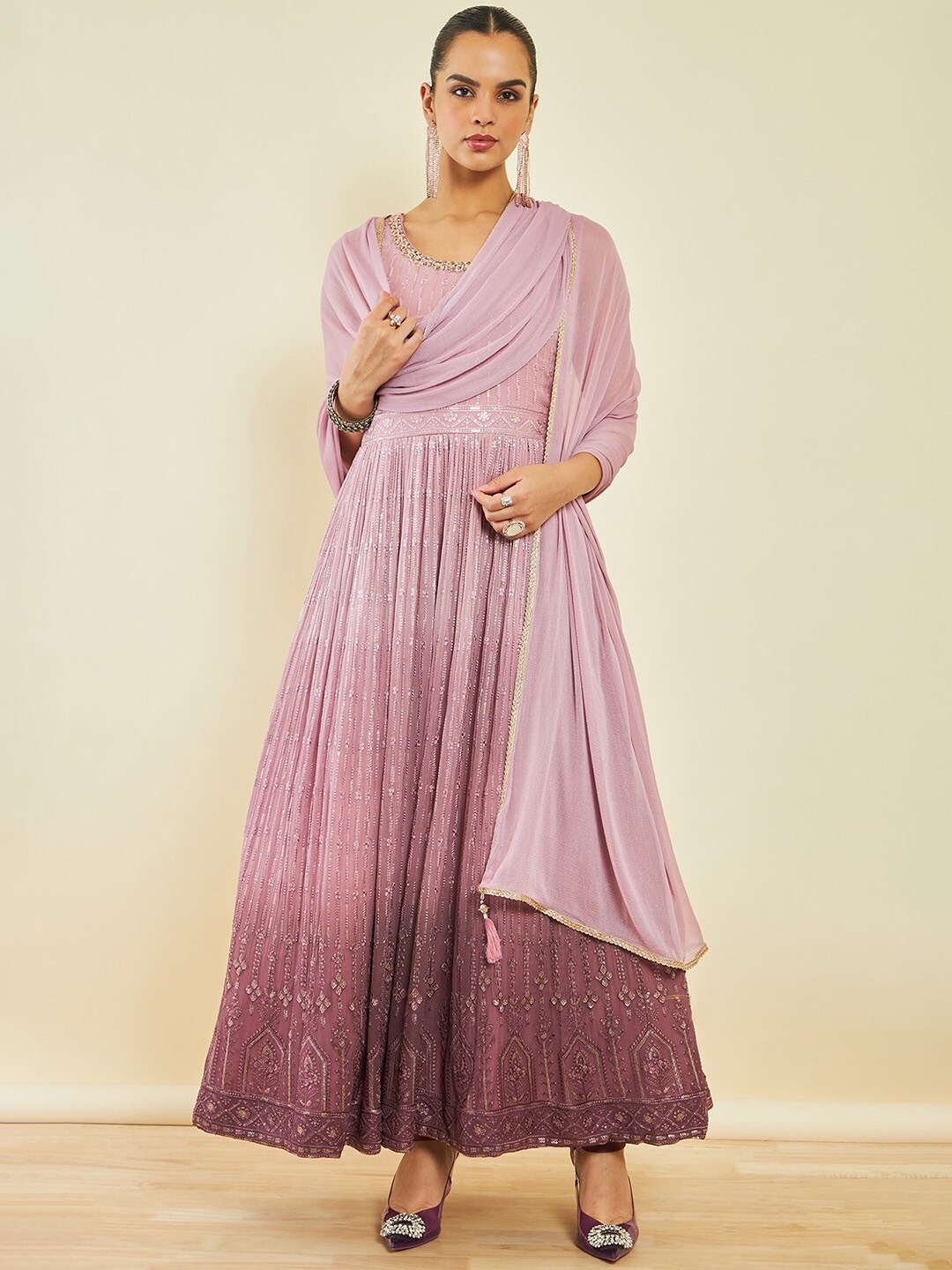 

Soch Ethnic Motifs Embroidered Georgette Kurta & Churidar With dupatta, Pink