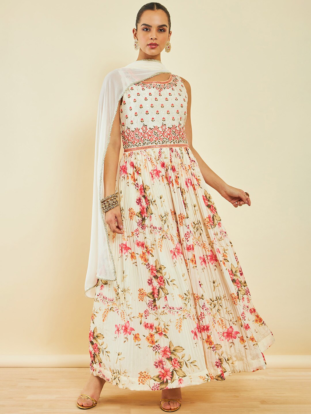 

Soch Floral Print Georgette Kurta & Churidar With Dupatta, Off white