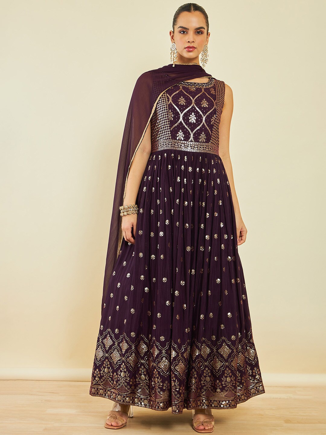 

Soch Ethnic Motifs Printed Georgette Kurta & Churidar With Dupatta, Maroon