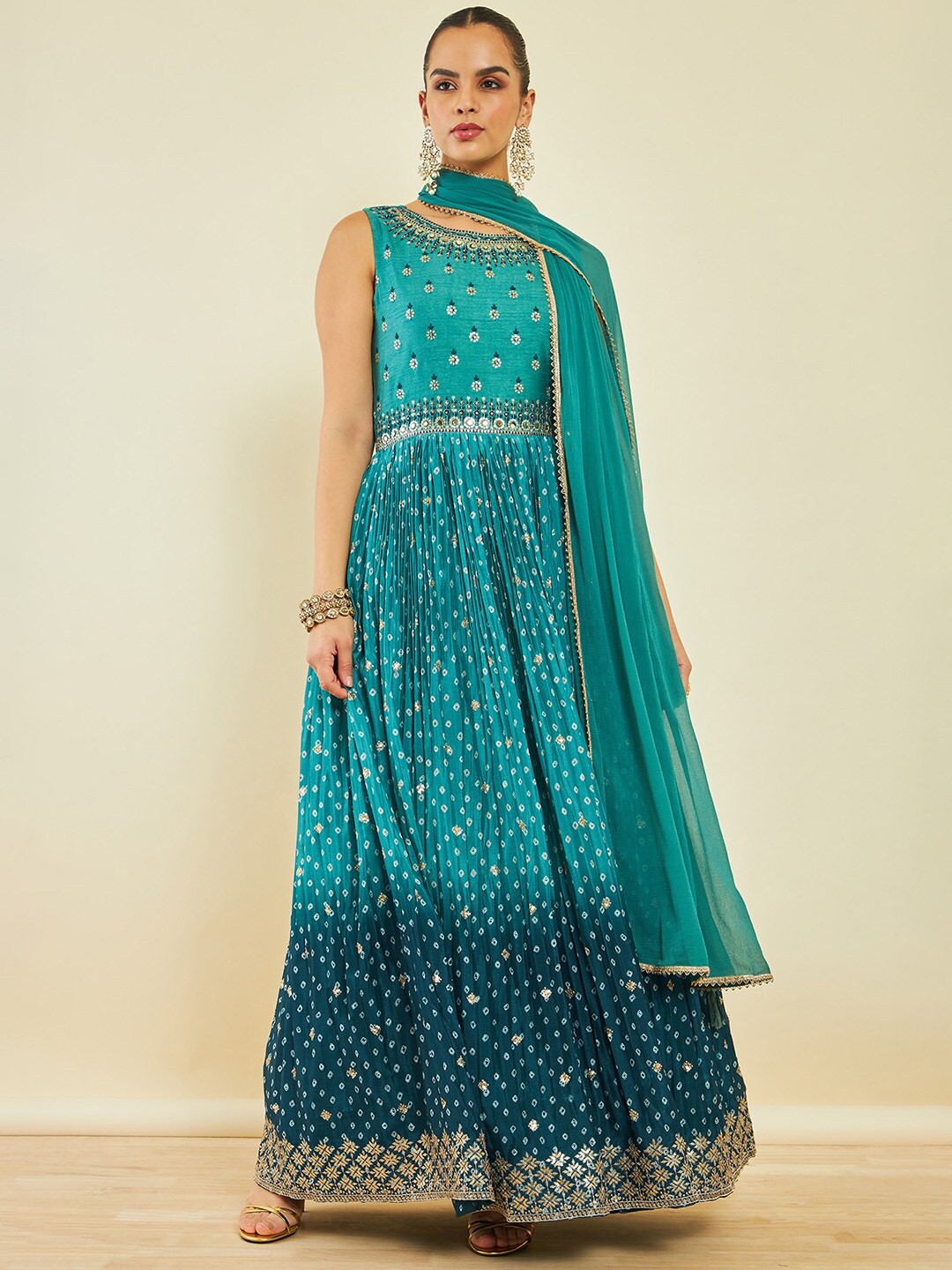 

Soch Floral Crepe Kurta & Churidar With Dupatta, Teal