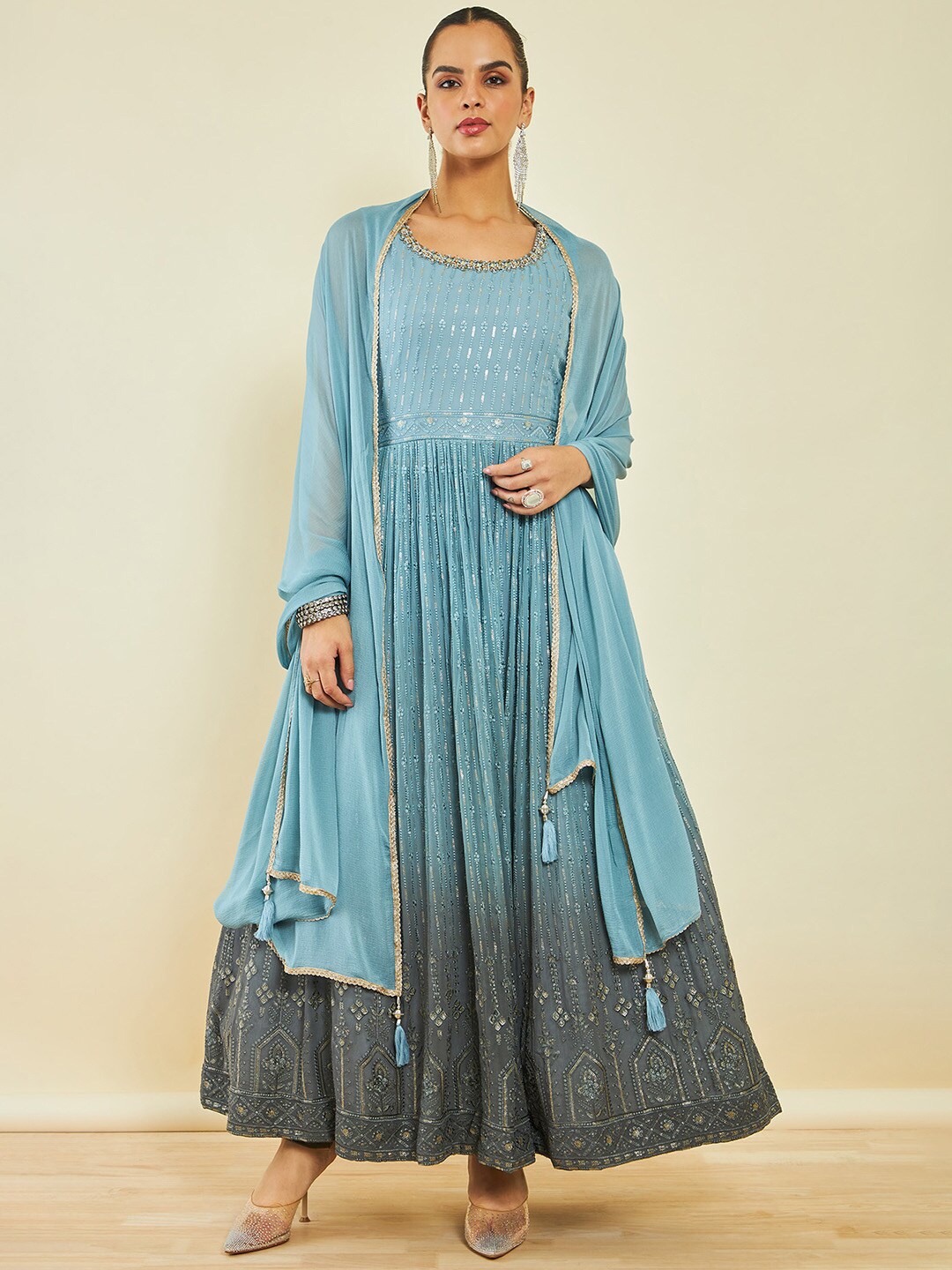 

Soch Ethnic Motifs Embroidered Georgette Kurta & Churidar With Dupatta, Blue