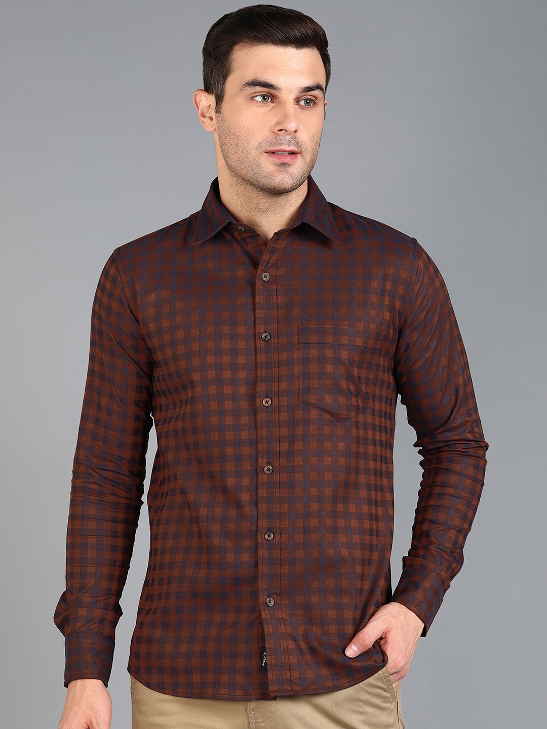 

ZNX Clothing Premium Slim Fit Opaque Checked Cotton Shirt, Brown