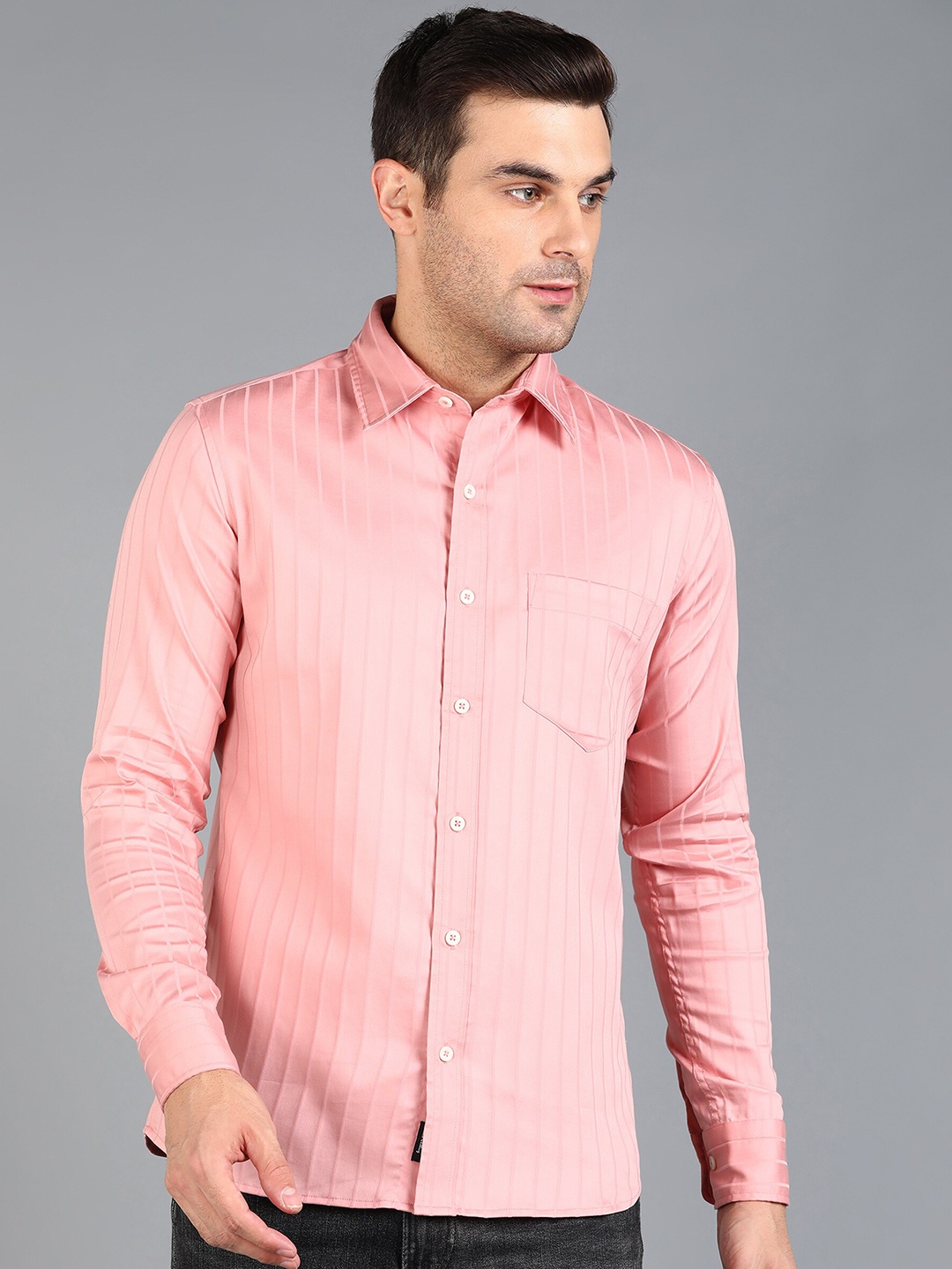 

ZNX Clothing Premium Slim Fit Opaque Striped Cotton Shirt, Peach