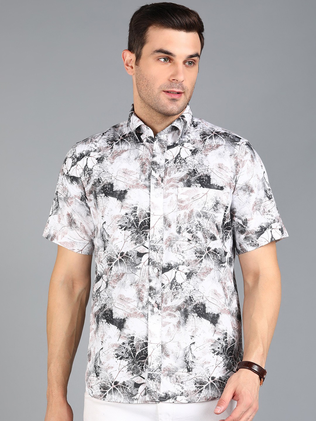 

ZNX Clothing Premium Slim Fit Floral Opaque Printed Cotton Shirt, Off white