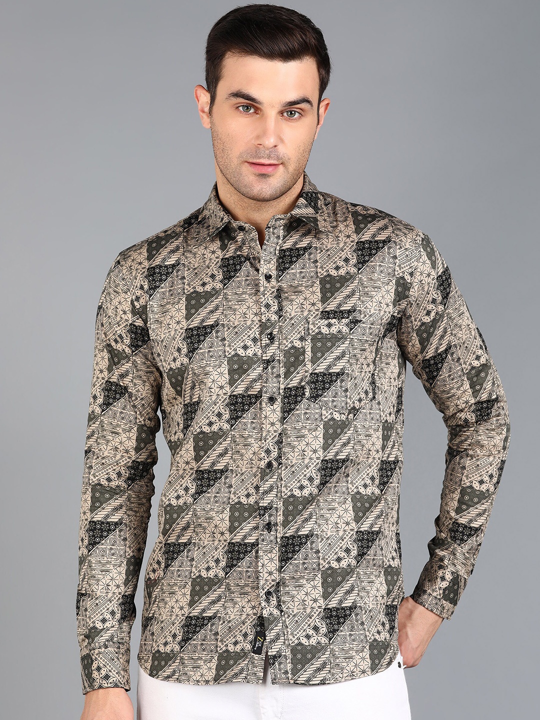 ZNX Clothing Premium Slim Fit Geometric Printed Cotton Casual Shirt, Beige