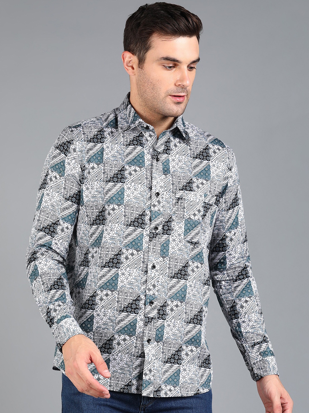ZNX Clothing Premium Slim Fit Geometric Printed Cotton Casual Shirt, Black